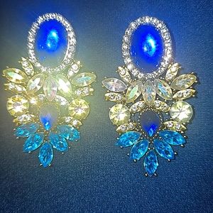 Large Royal Blue Crystal Earrings baby blue and clear rhinestones